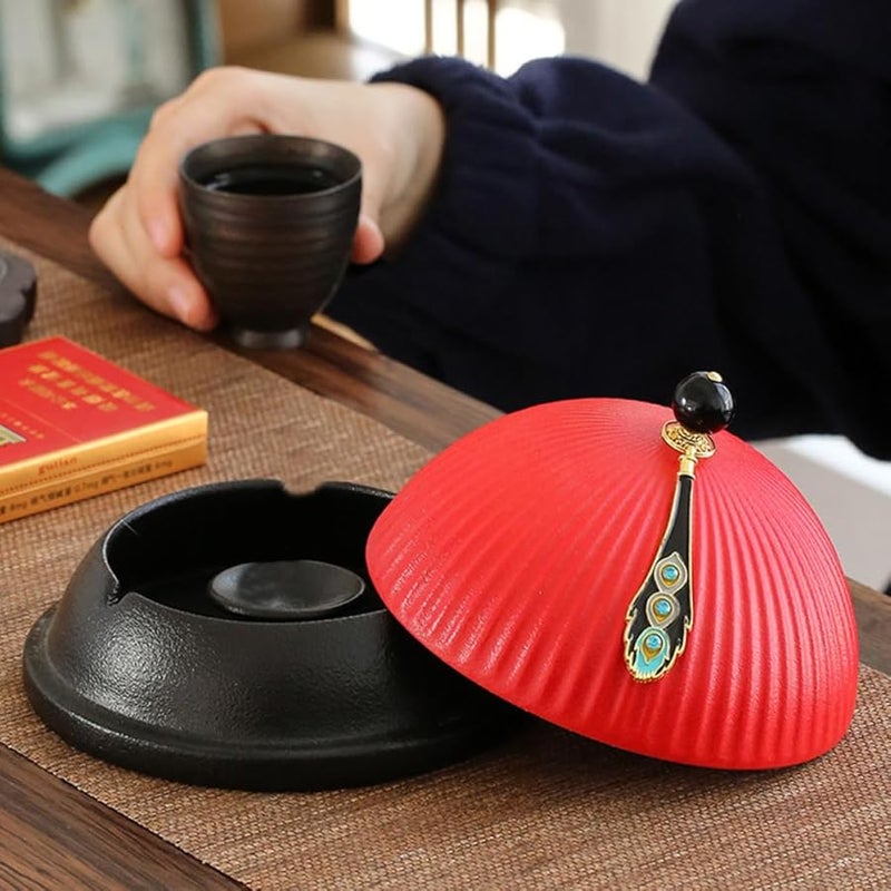 منفضة سجائر خزفية حمراء كلاسيكية على شكل قبعة مع غطاء للمكتب المنزلي - Image 4